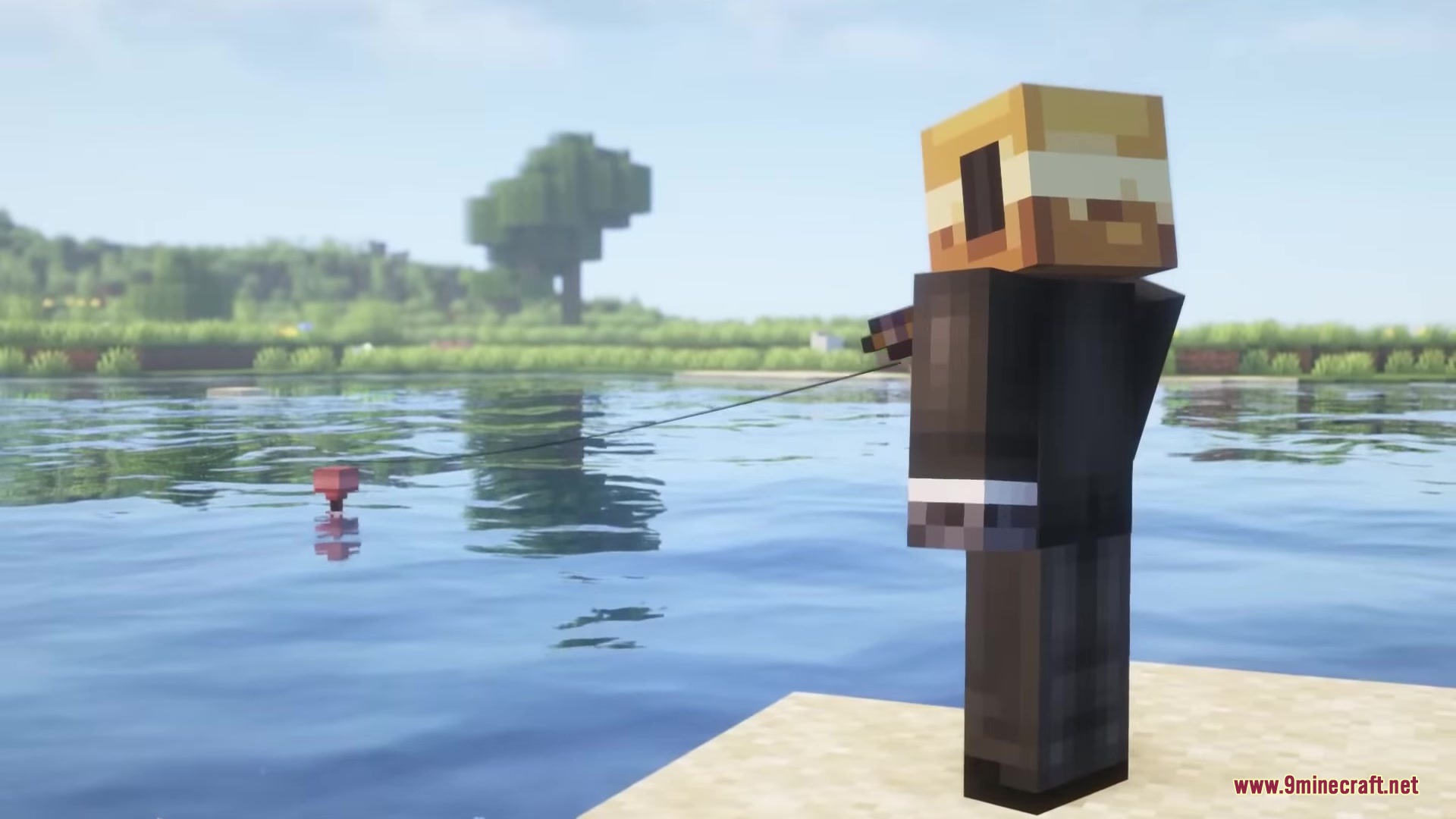 Starcatcher Mod Screenshot 5 A Minecraft character in a suit is fishing in a scenic lake