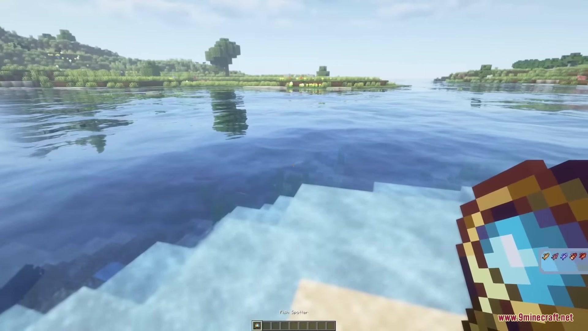 Starcatcher Mod Screenshot 7 Player holding a fish spotter item while standing near a calm lake