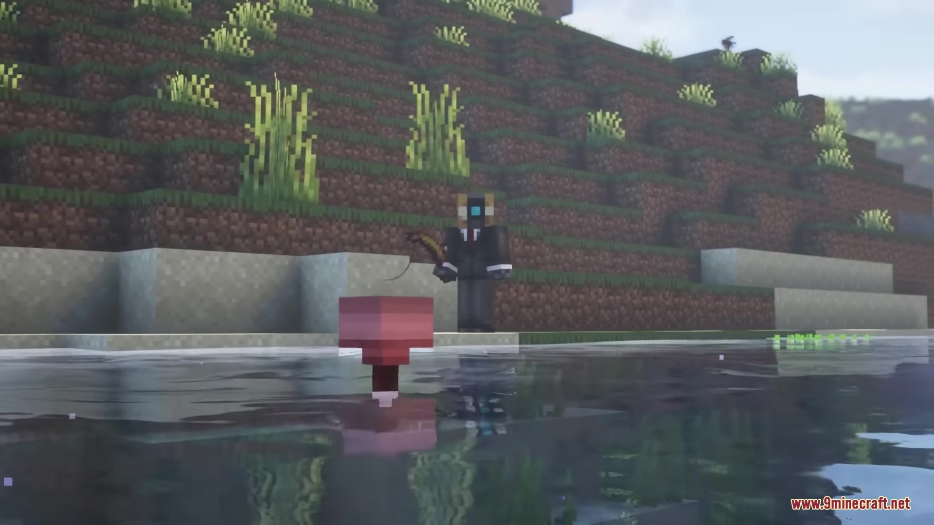 Starcatcher Mod Screenshot 9 A player character stands by the water using a custom pink bobber