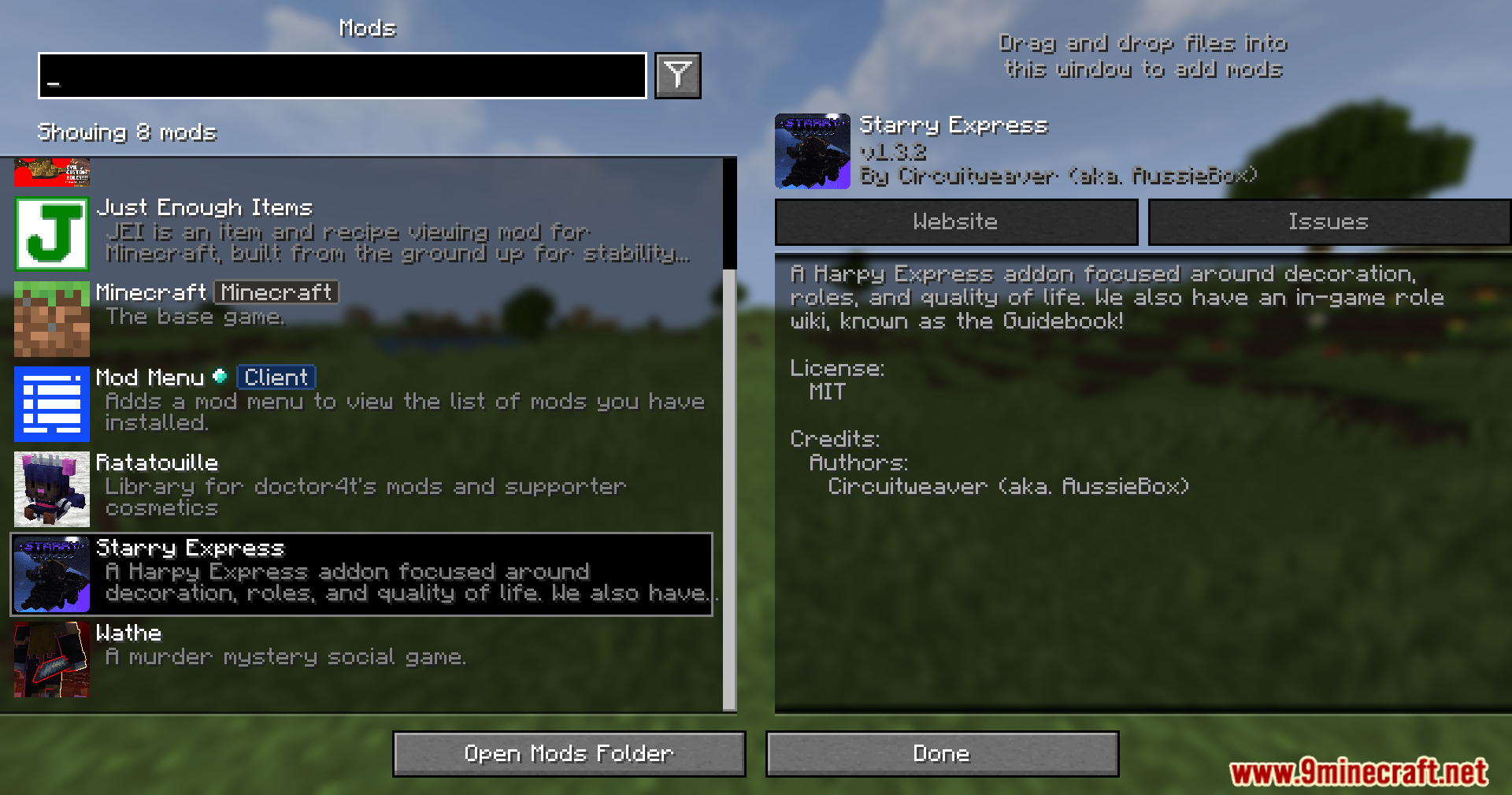 Starry Express Mod Screenshot 1 A Minecraft mod menu screen displaying Starry Express and other installed mods
