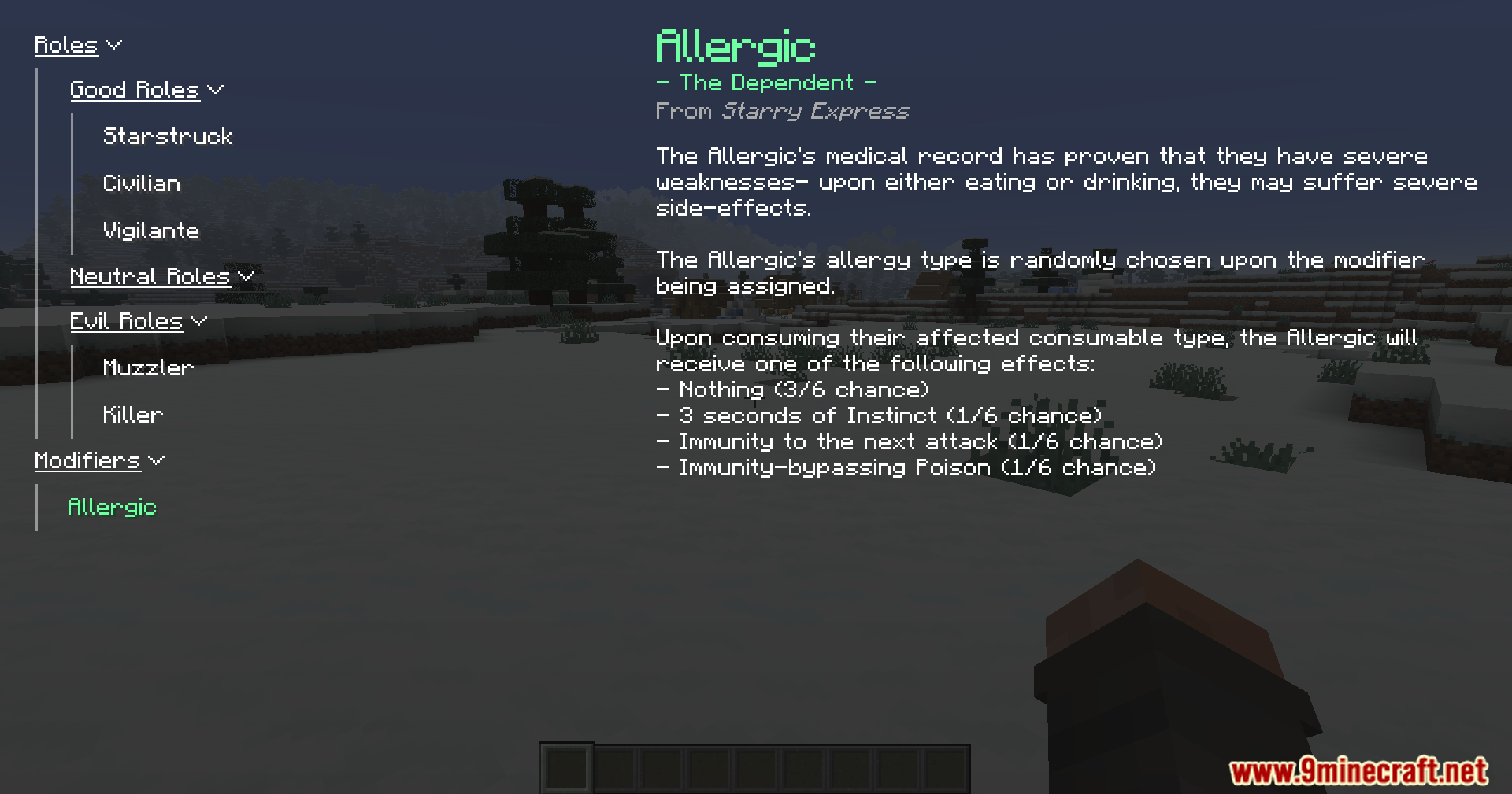 Starry Express Mod Screenshot 8 The Starry Express mod guidebook displaying the Allergic modifier details and effects