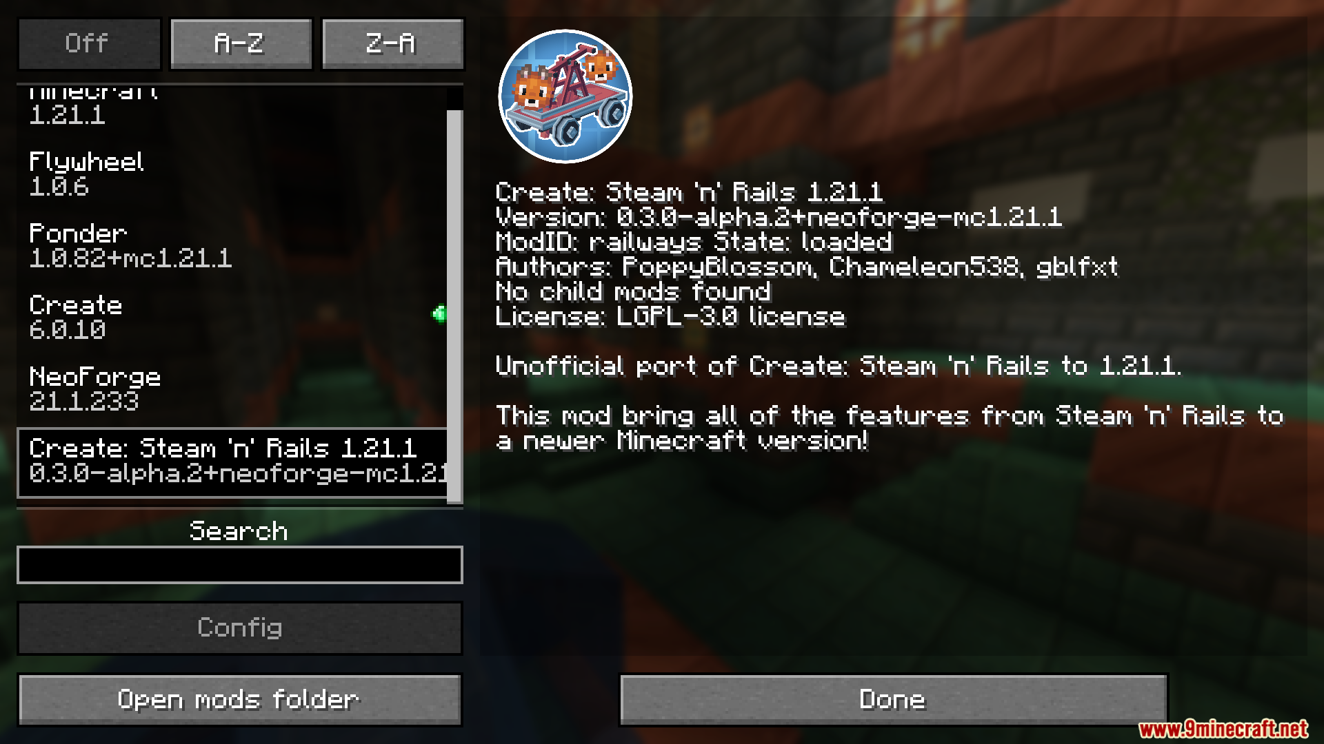 Steam N Rails Neoforge Mod Screenshot 1 Minecraft mod menu screen showing details for the Steam n Rails mod