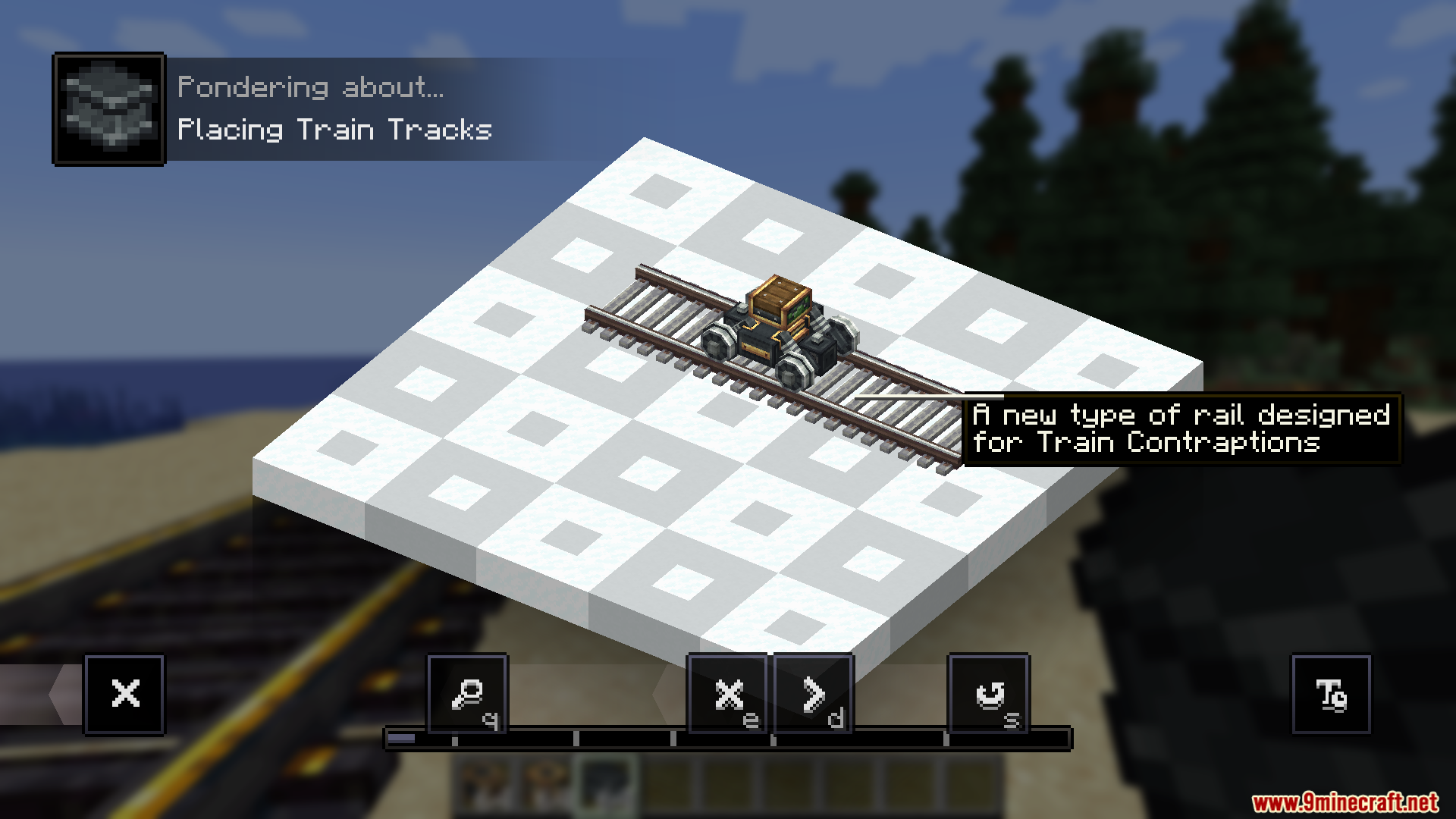Steam N Rails Neoforge Mod Screenshot 10 A ponder screen demonstrating how to place new train track types
