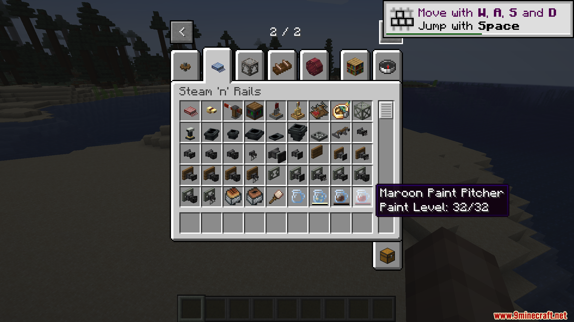 Steam N Rails Neoforge Mod Screenshot 2 Creative inventory screen showing a variety of train parts and tracks
