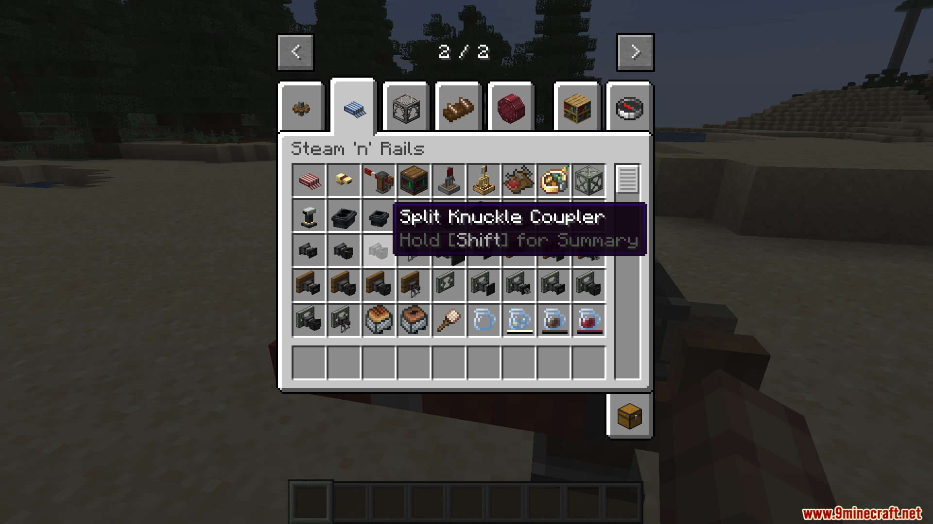 Steam N Rails Neoforge Mod Screenshot 5 Creative inventory menu showing various train components from the Steam N Rails mod