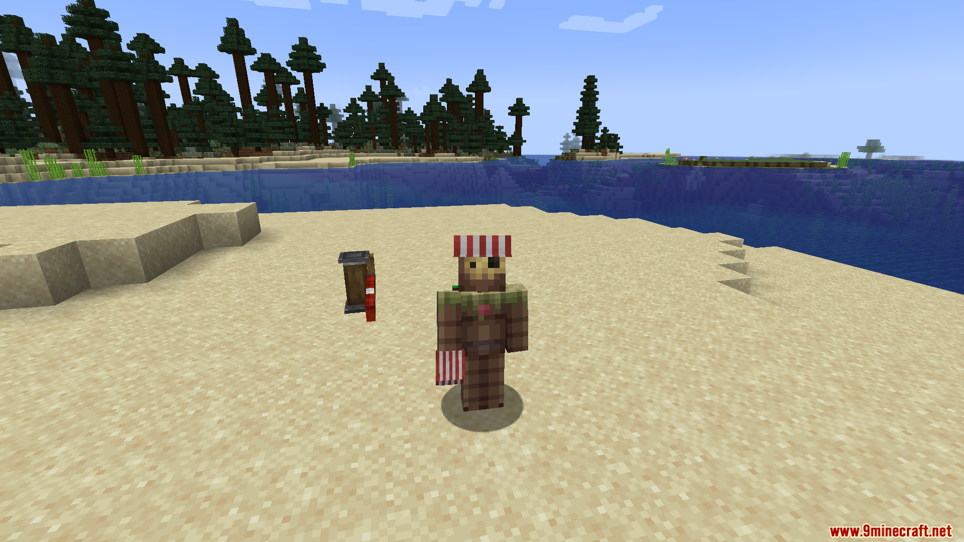 Steam N Rails Neoforge Mod Screenshot 6 A player character wearing a conductor uniform standing on a sandy beach