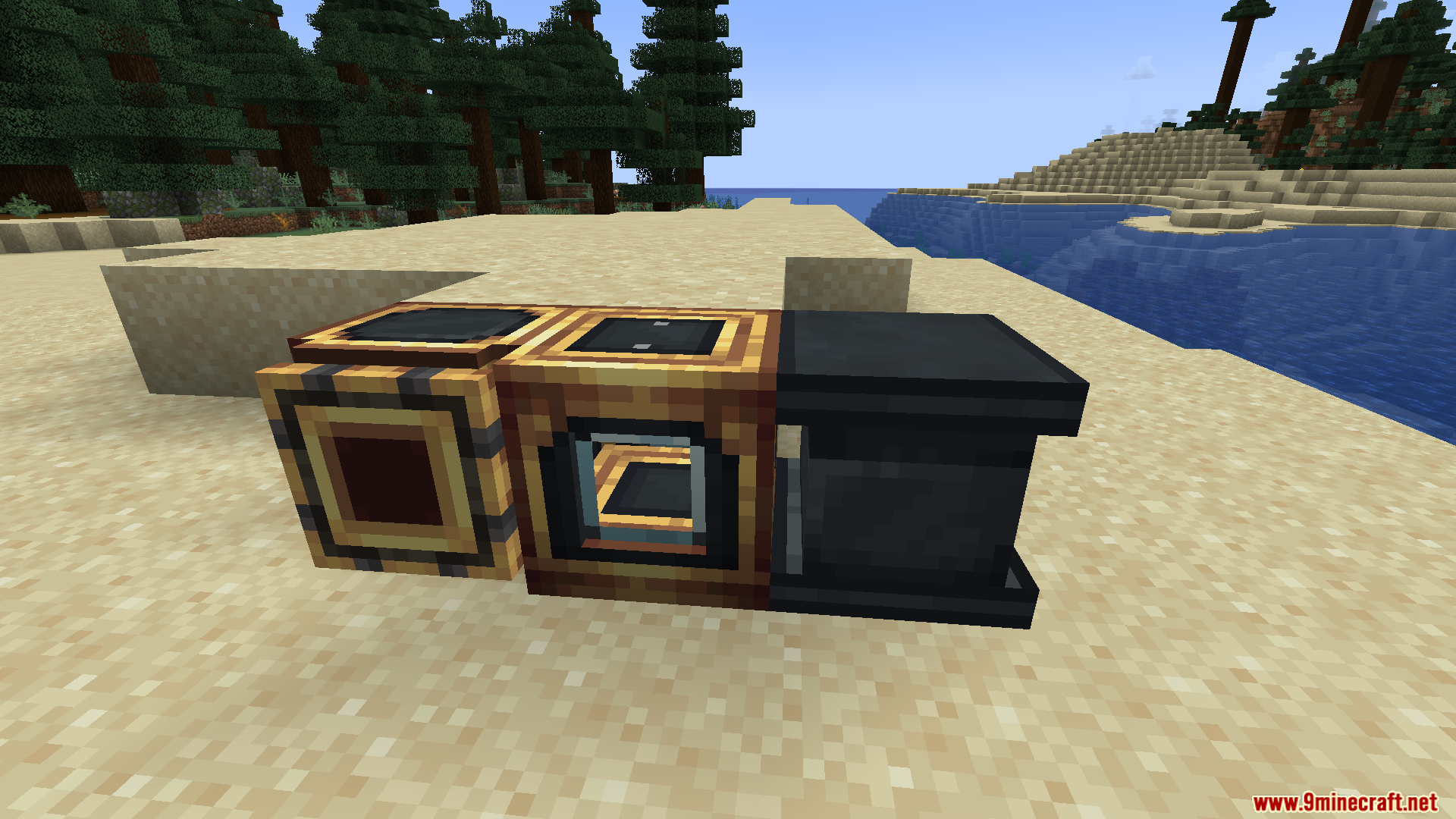 Steam N Rails Neoforge Mod Screenshot 9 Three specialized Steam N Rails train blocks placed on a beach