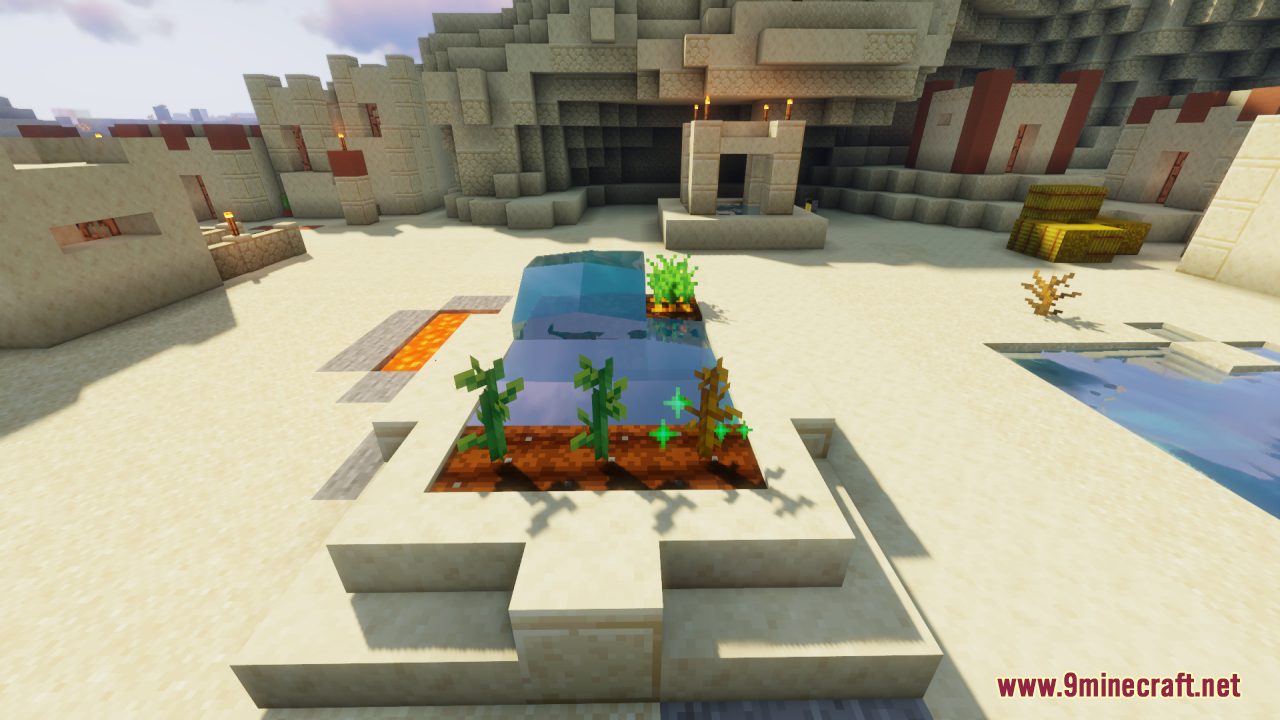Stemtacular Resource Pack Screenshot 1 Redesigned pumpkin and melon stems growing in a desert village farm plot