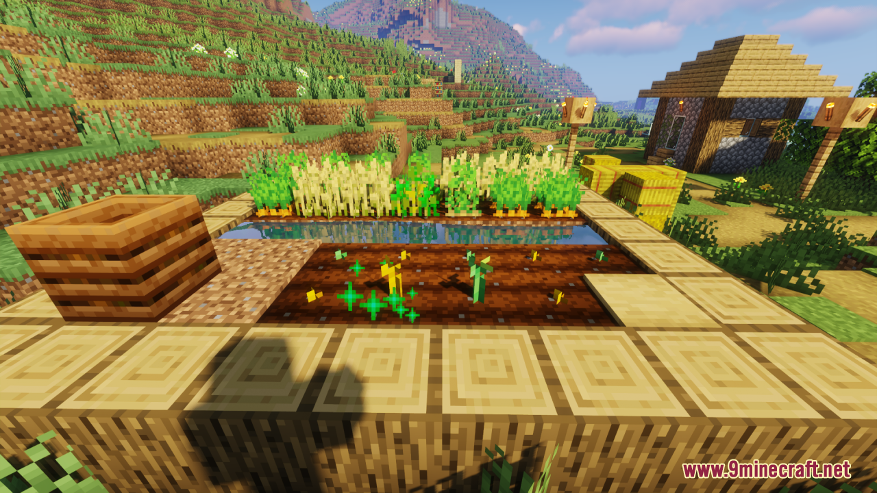 Stemtacular Resource Pack Screenshot 5 A small Minecraft farm plot with pumpkin stems and green growth particles