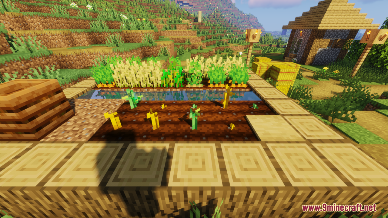 Stemtacular Resource Pack Screenshot 6 Different colored pumpkin and melon stems growing in a small garden plot