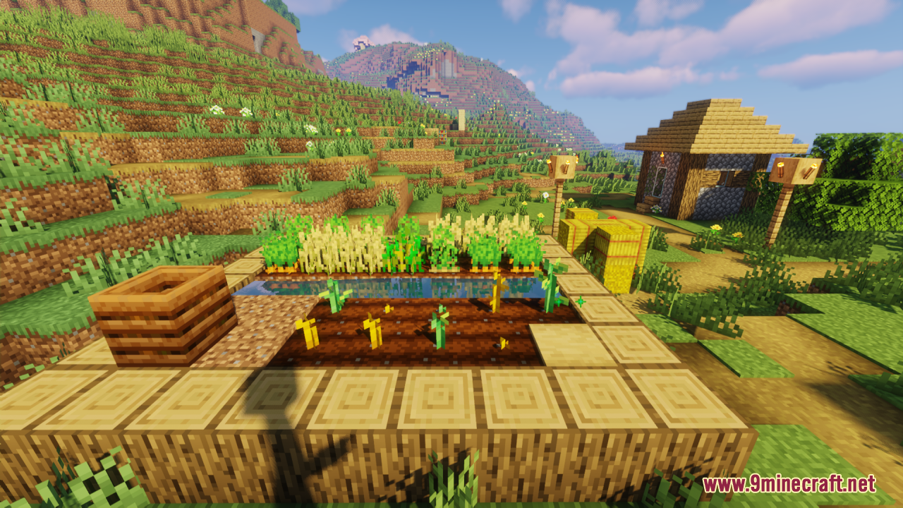 Stemtacular Resource Pack Screenshot 7 Minecraft farm showing pumpkin and melon stems connected to the fruit