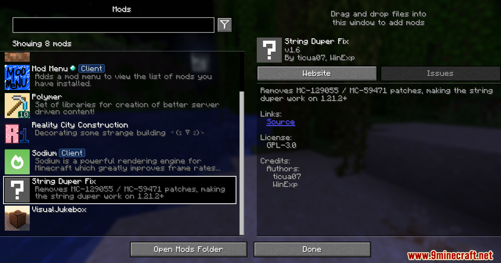 Minecraft mod menu screen showing details for the String Duper Restorer mod