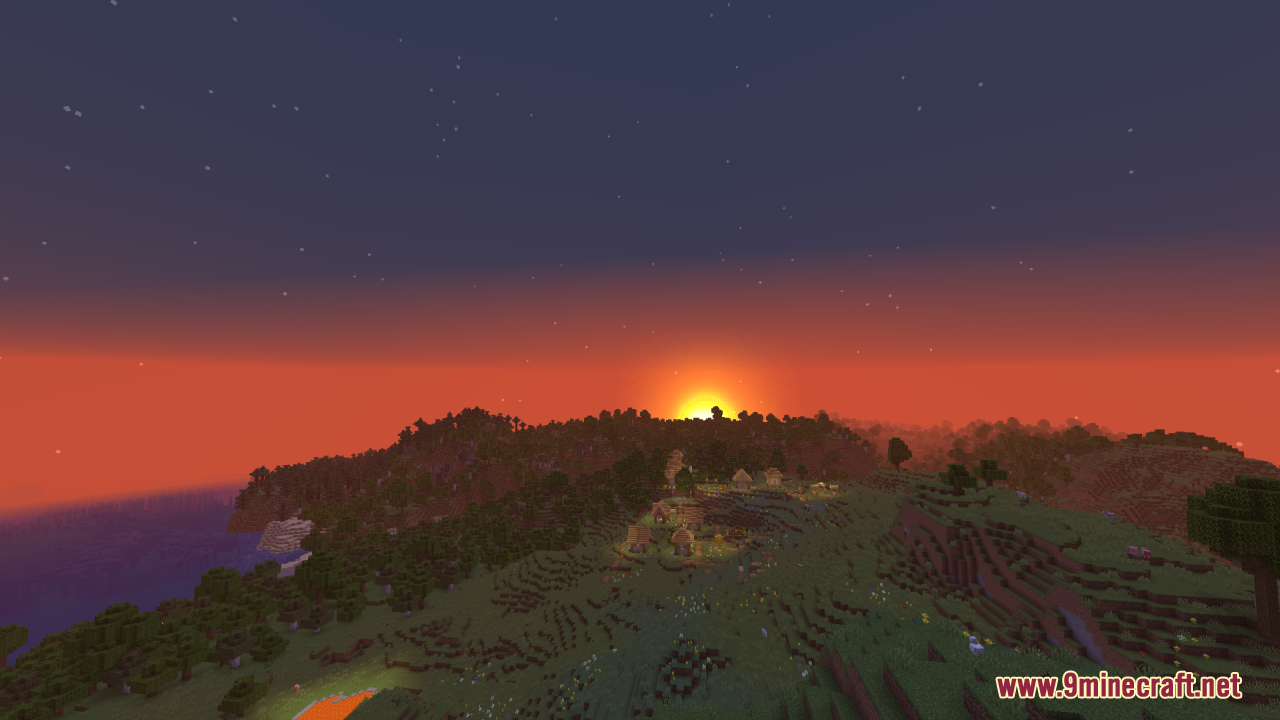 Sun & Moon Reimagined Resource Pack Screenshot 1 A vibrant sunset over a Minecraft village and dense forest landscape