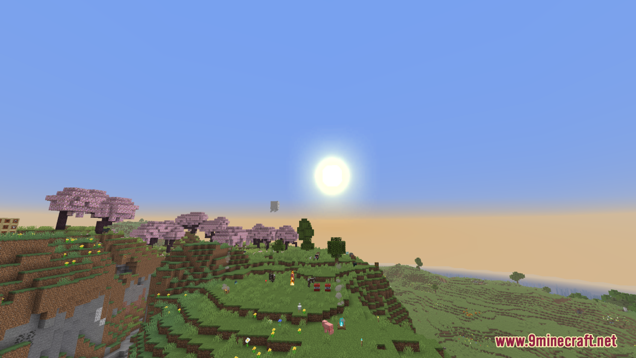 Sun & Moon Reimagined Resource Pack Screenshot 2 The bright sun shining over cherry blossom trees and green hills