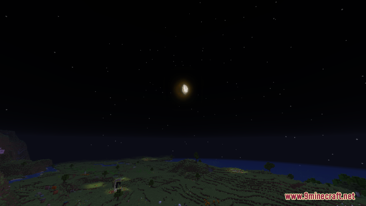 Sun & Moon Reimagined Resource Pack Screenshot 5 Detailed glowing moon shines brightly in the starry night sky over hills