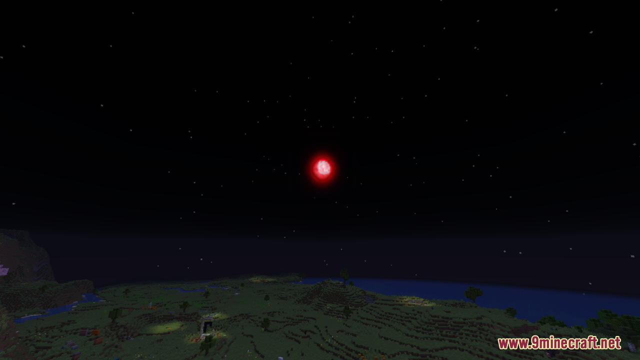 Sun & Moon Reimagined Resource Pack Screenshot 7 A large red moon glows intensely in the dark night sky of Minecraft
