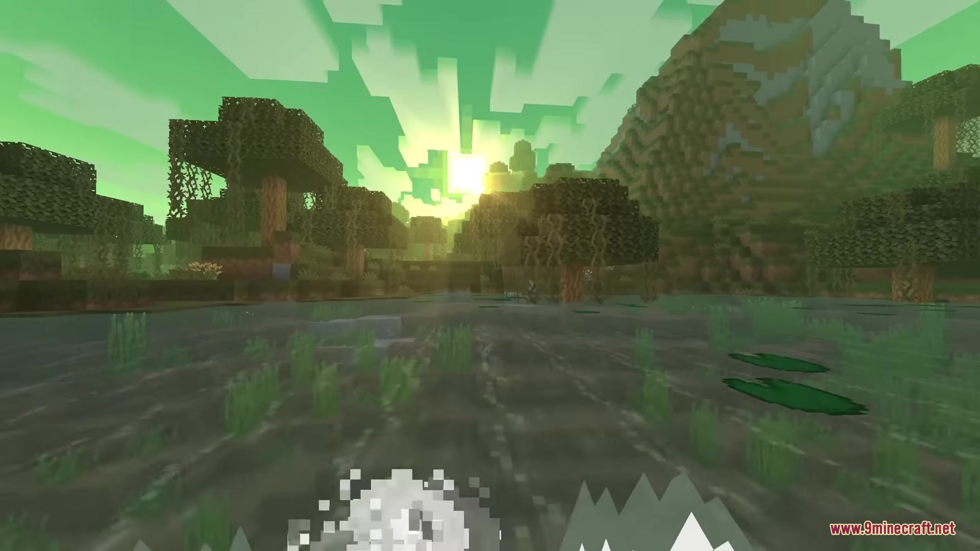 Sunbathing Godrays Resource Pack Screenshot 3 Bright sunbeams pierce through swamp trees under a glowing green sky in Minecraft