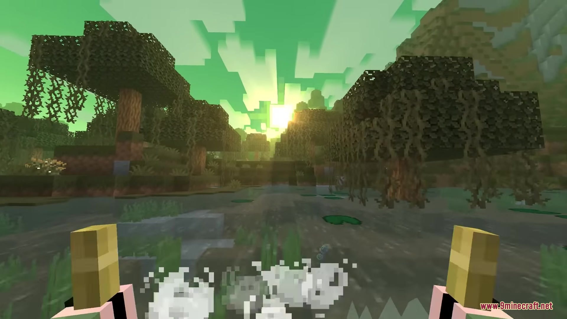 Sunbathing Godrays Resource Pack Screenshot 4 Player rows a boat through a swamp while Sunbathing Godrays illuminate the sky