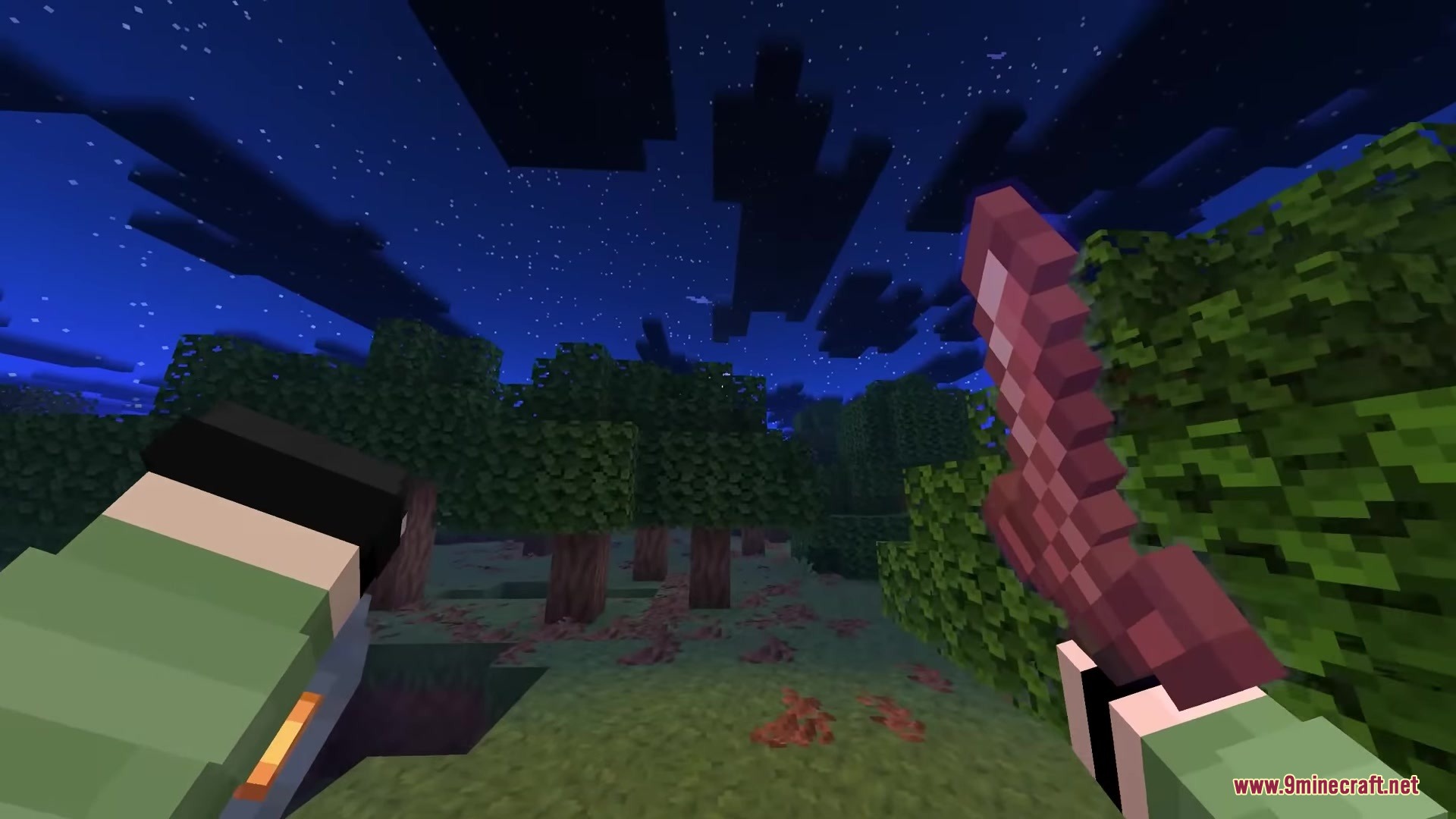 Sunbathing Godrays Resource Pack Screenshot 5 Player holding a sword in a dark forest under the starry night sky