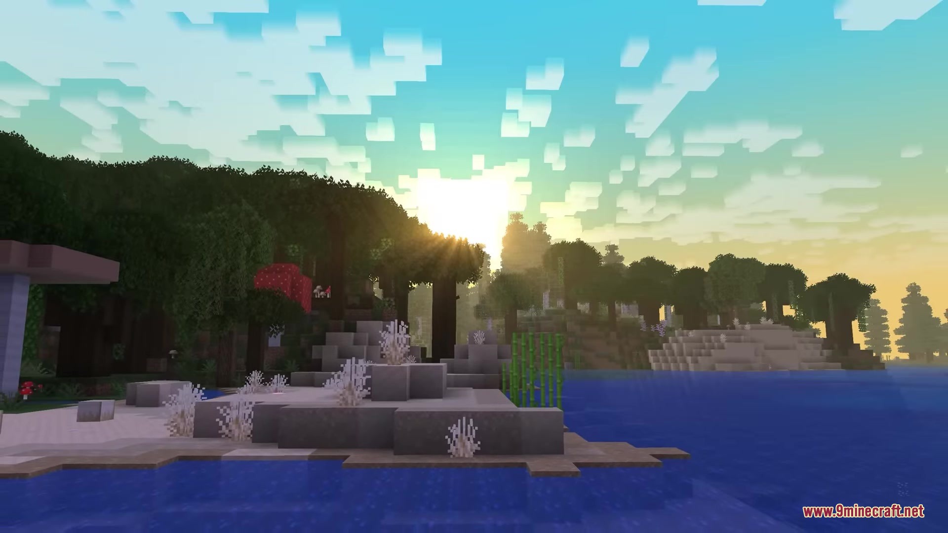 Sunbathing Godrays Resource Pack Screenshot 6 Sunbeams from Sunbathing Godrays Resource Pack shining through trees over a lake