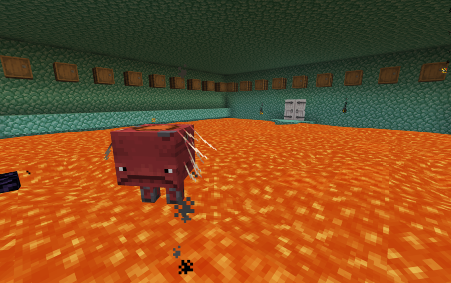 SuperduperParkour Schematic Screenshots 2 A strider mob standing in a lava room with prismarine block walls