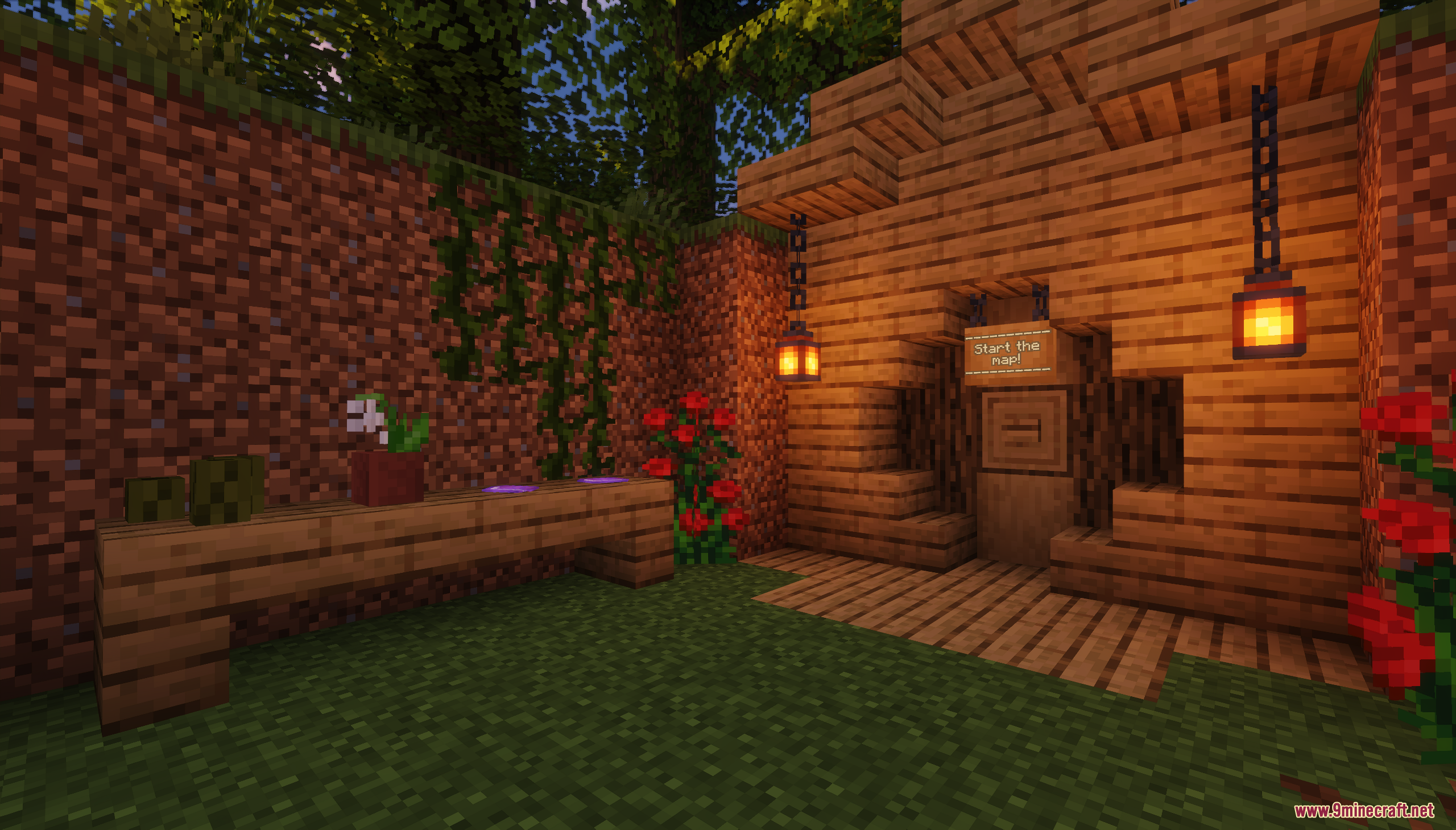 Survival Challenge Village Map Screenshot 1 Wooden entrance with a sign to start the survival challenge map