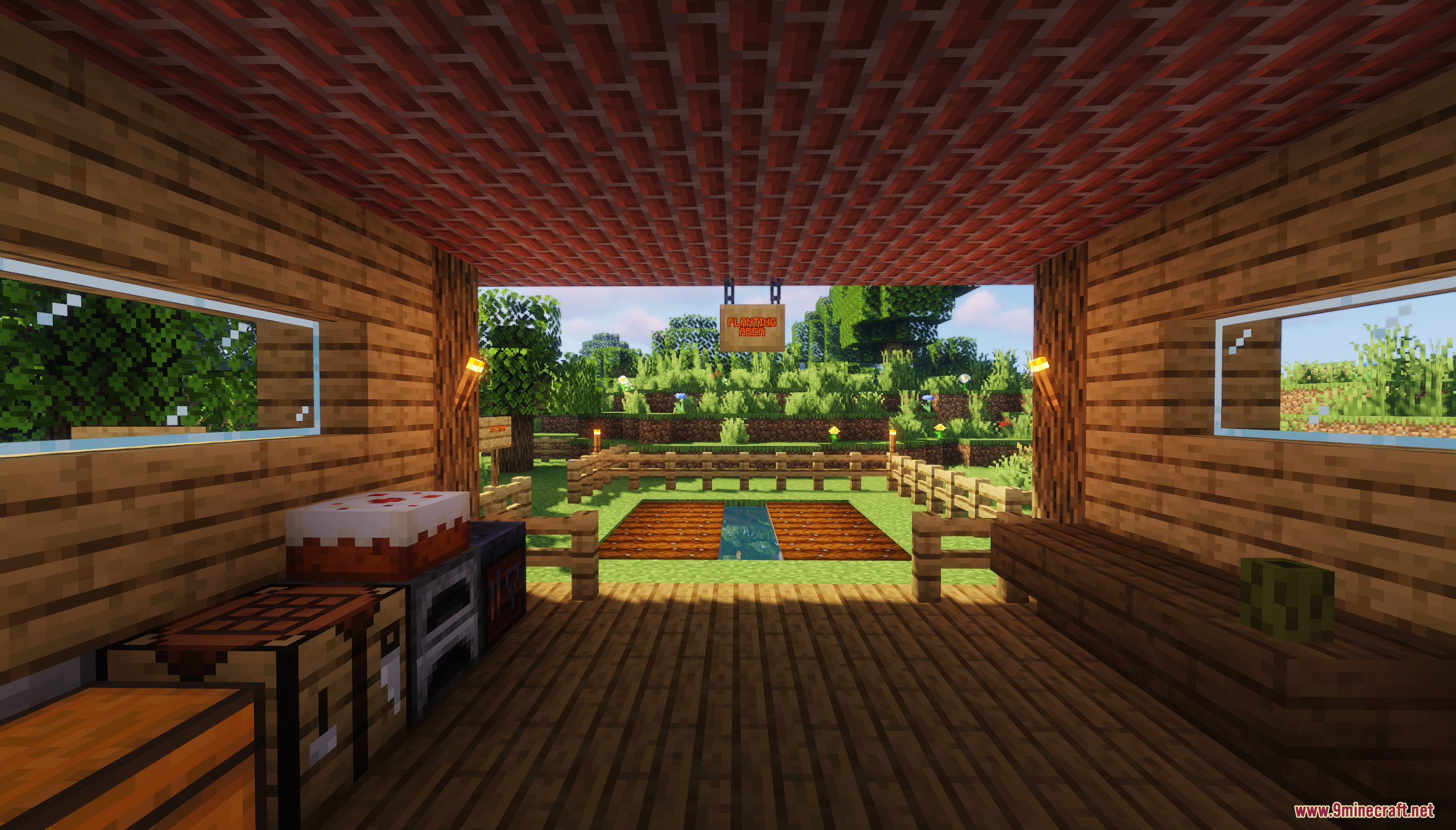 Survival Challenge Village Map Screenshot 10 Inside a wooden house looking out at a small fenced crop farm