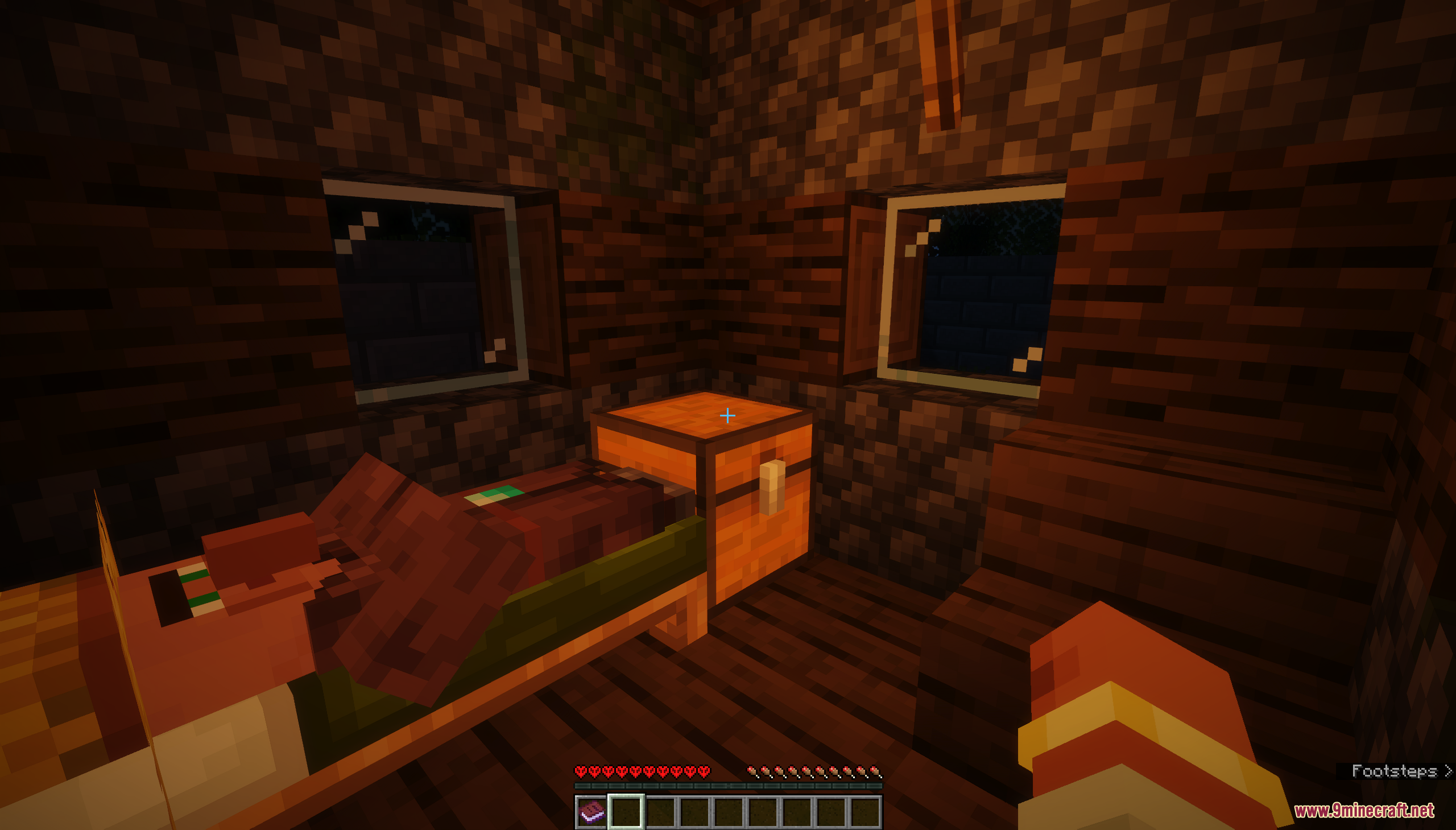 Survival Challenge Village Map Screenshot 4 A villager sleeping in a bed inside a small house at night