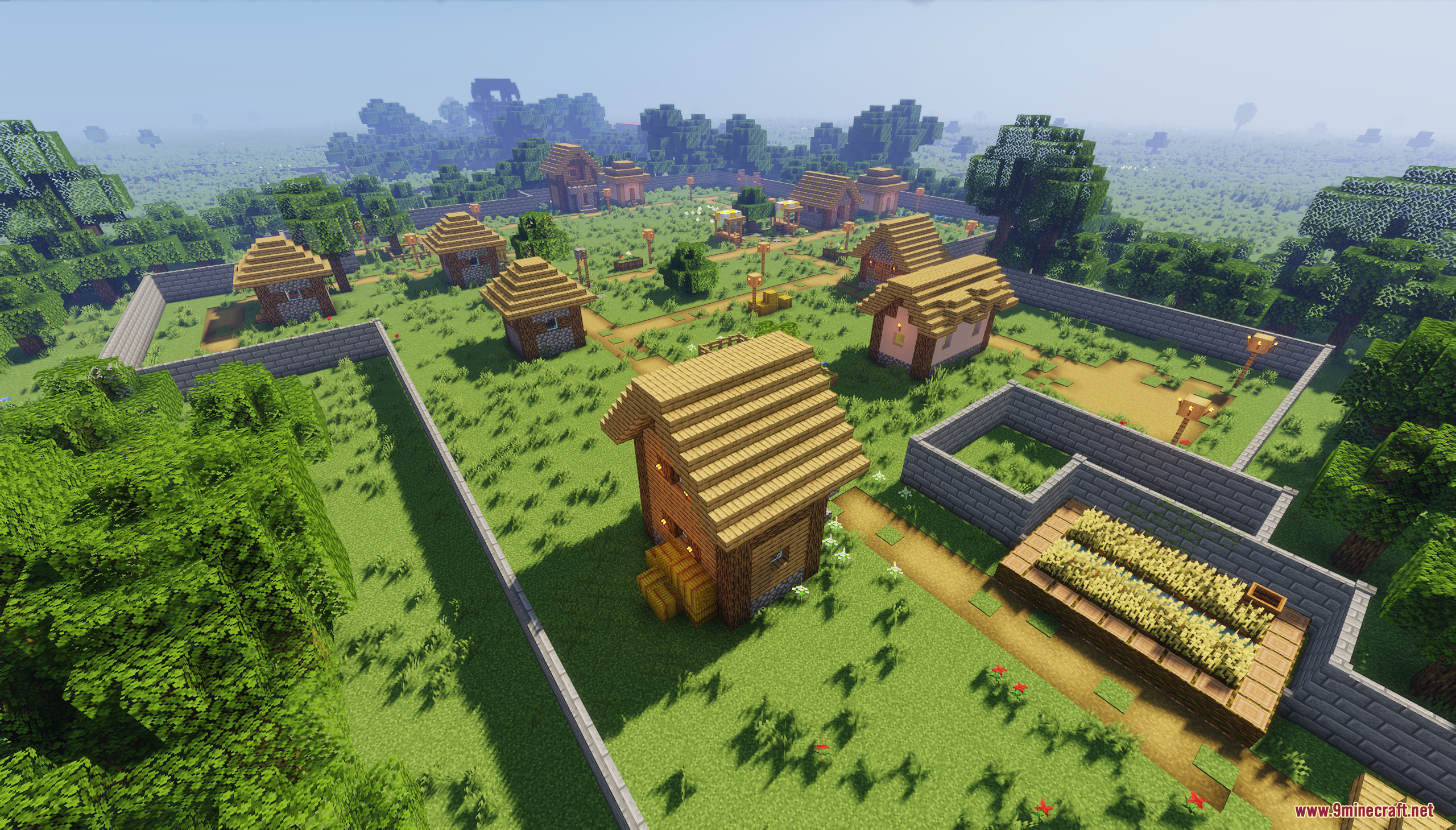 Survival Challenge Village Map Screenshot 5 Aerial view of the Survival Challenge Village Map surrounded by stone brick walls