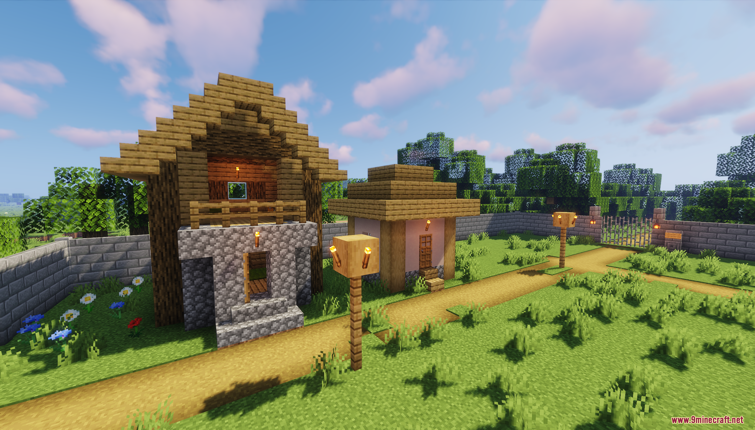 Survival Challenge Village Map Screenshot 7 Small wooden houses and stone brick walls in a peaceful village setting