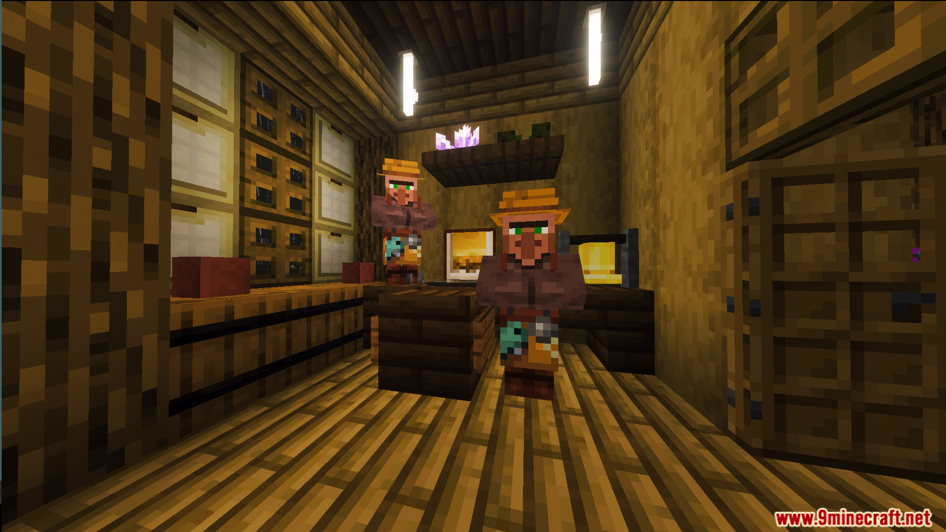 Two villagers standing behind a counter inside a fully decorated storage room