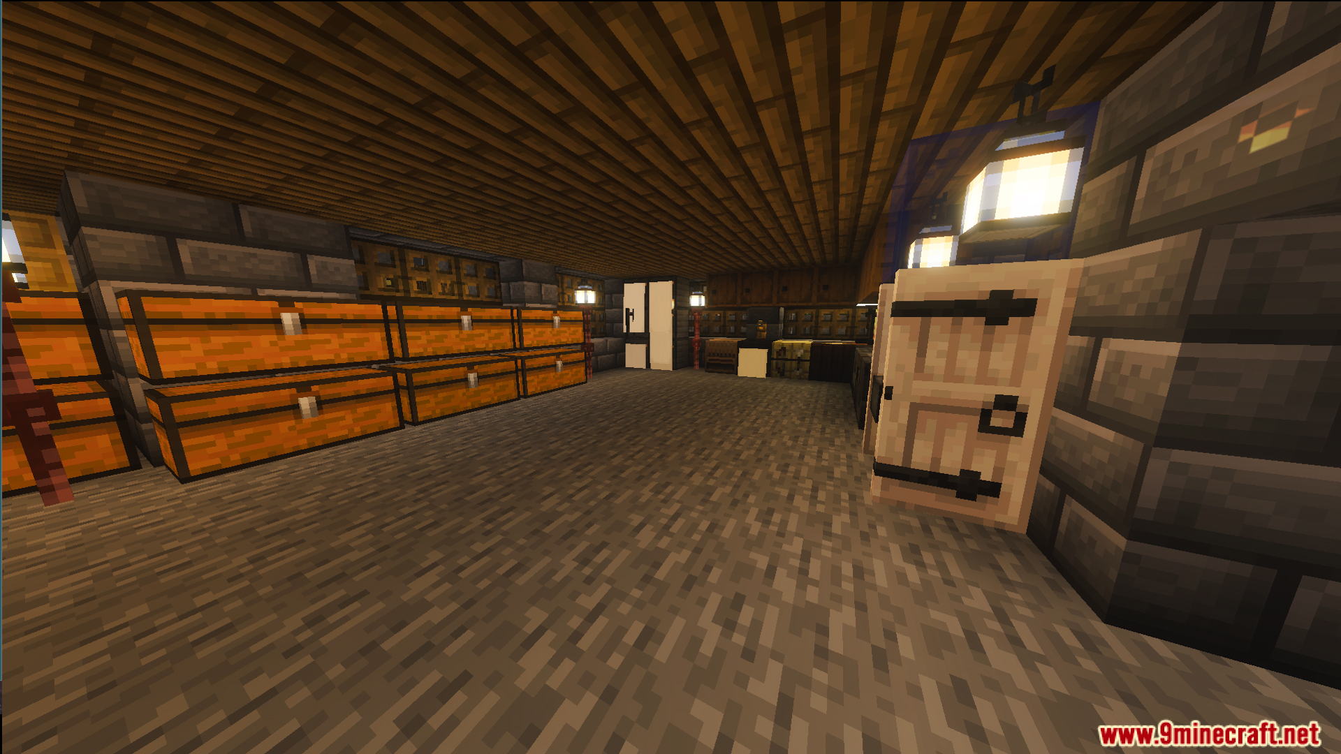 Interior view of stacked double chests and a door in the survival house