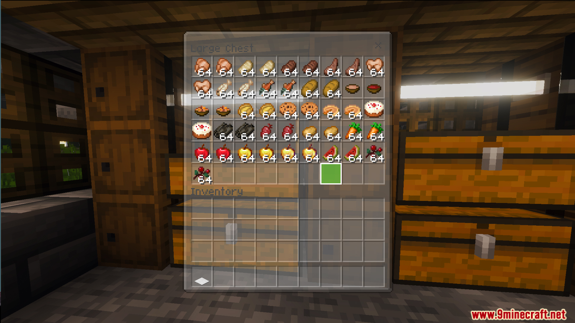Large chest inventory containing various stacks of food items for survival players