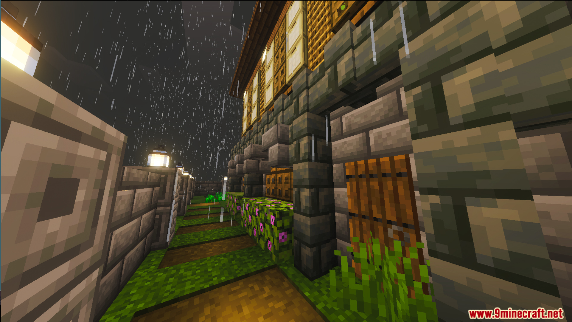 Exterior view of a decorated stone and wood house during a rainy day