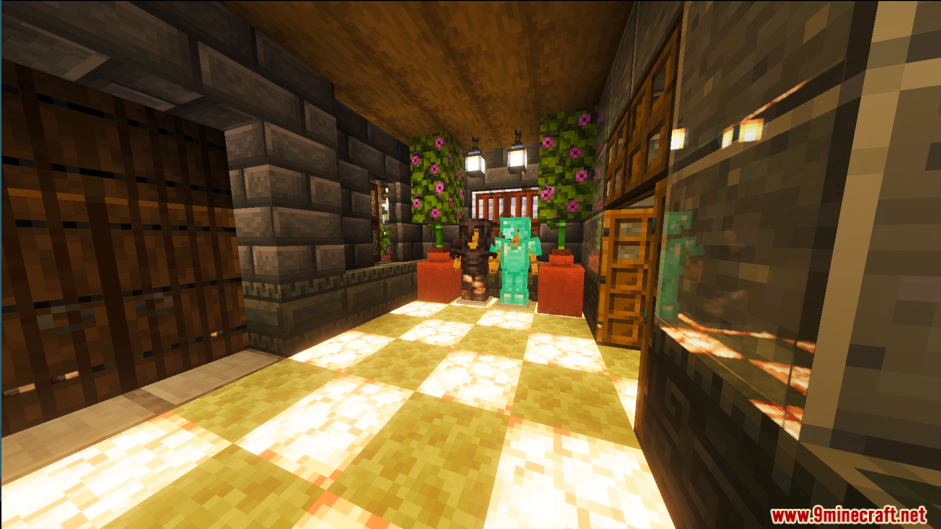 Armor stands with netherite and diamond gear inside a glowing storage room