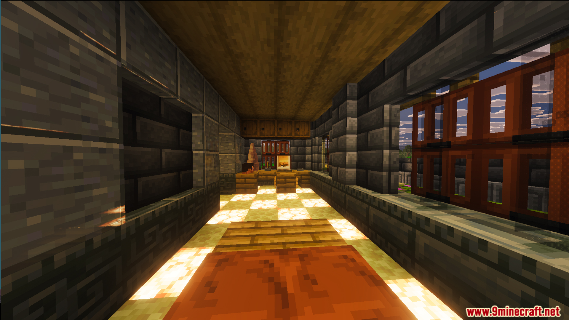 Interior of a glowing storage room with stone walls and wooden chests