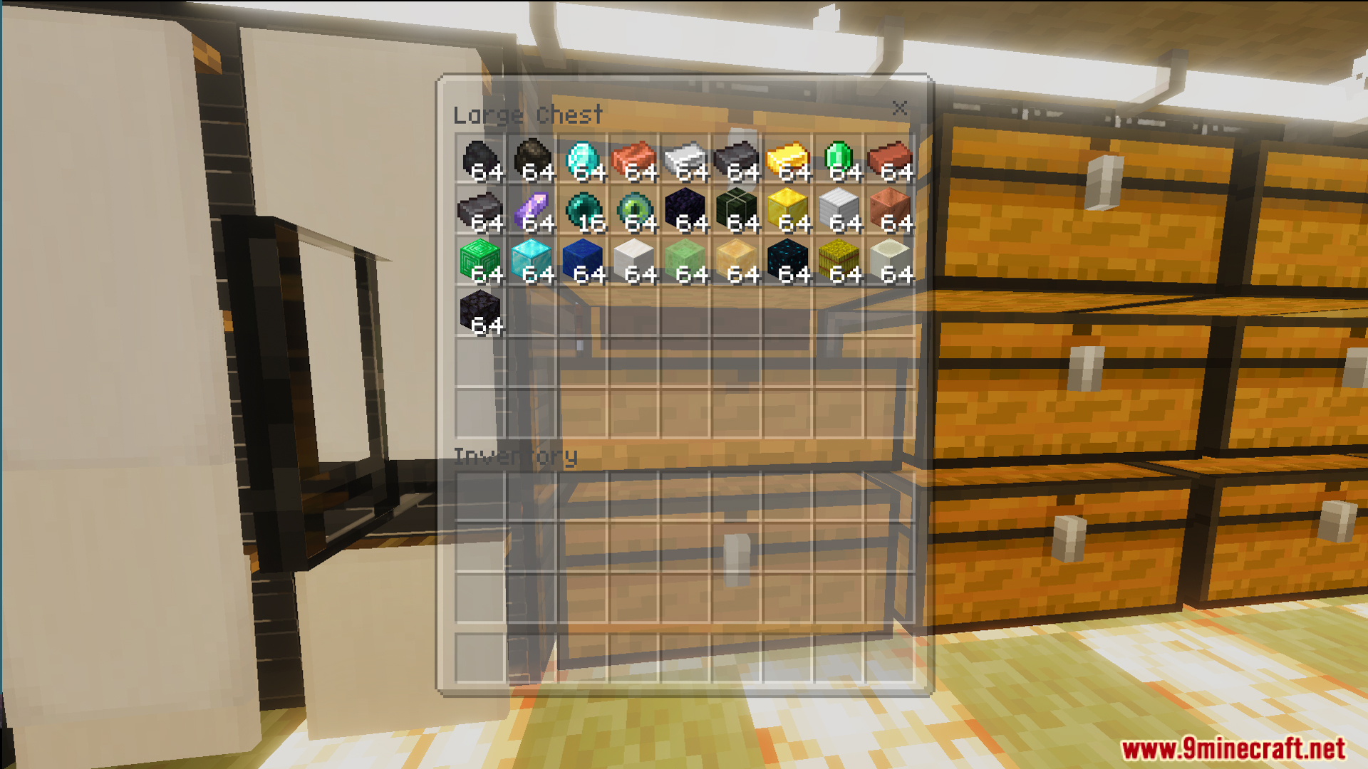 Large chest interface displaying stacks of valuable items inside a glowing storage room