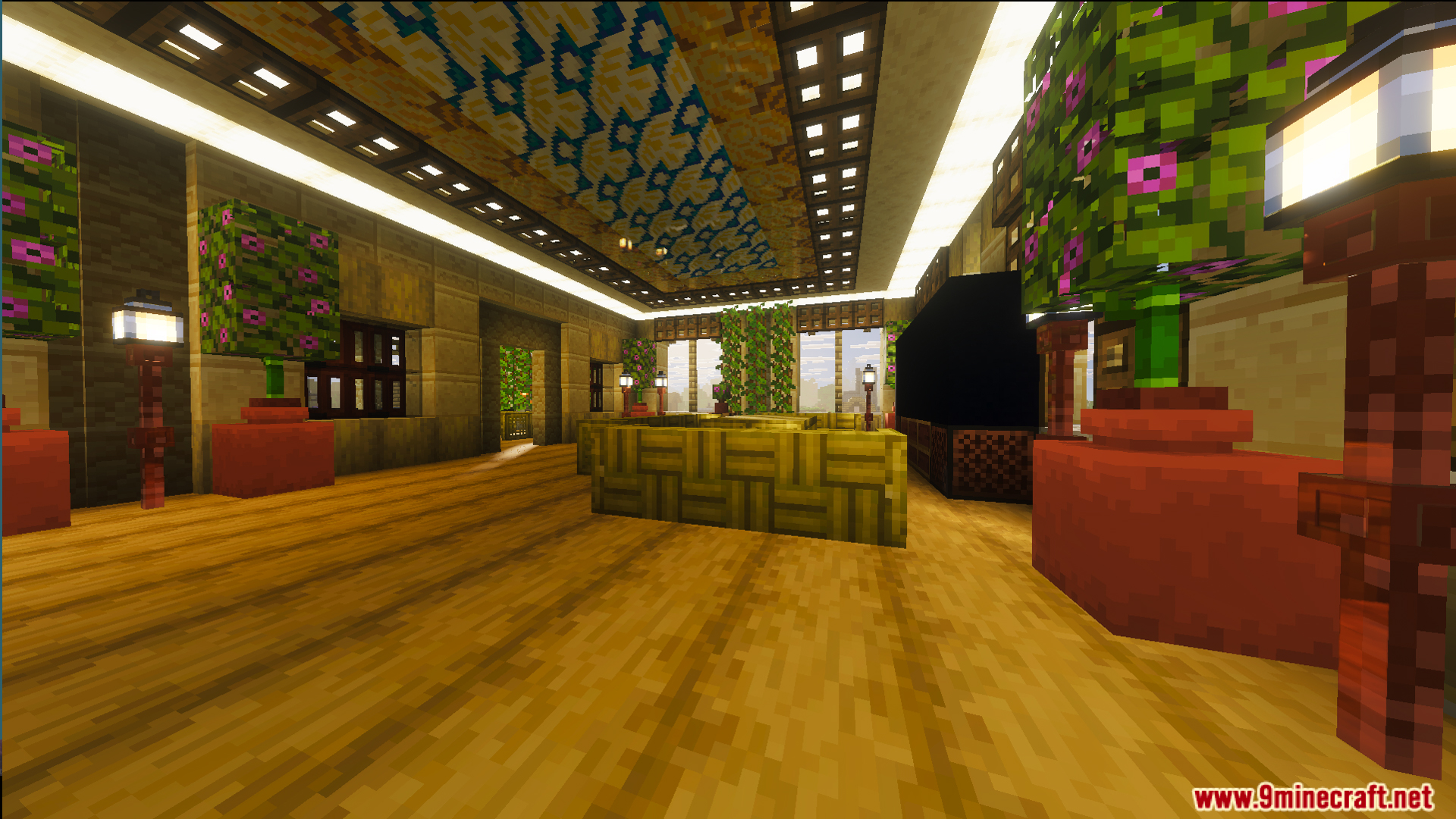 Spacious mansion interior featuring wooden floors and decorative patterns on the ceiling