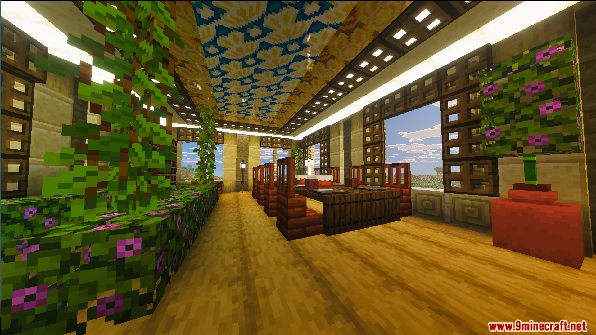 Inside the Survival Filo House 28 mansion featuring patterned ceilings and lush plants