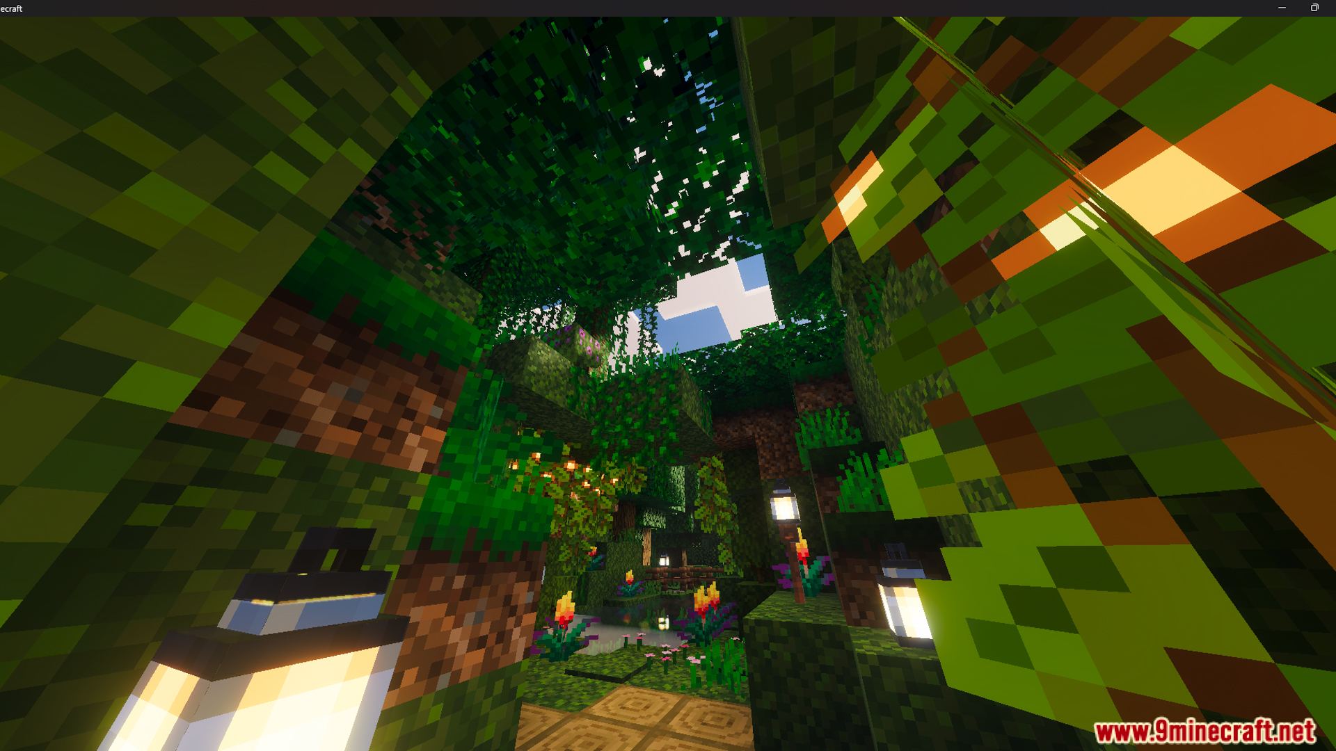 Lush jungle garden area with glowing lanterns and vibrant flowers under leaves