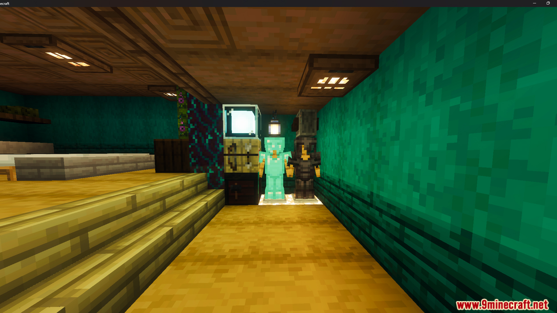 Inside the Survival Hobbit House 47 Map featuring armor stands and computer