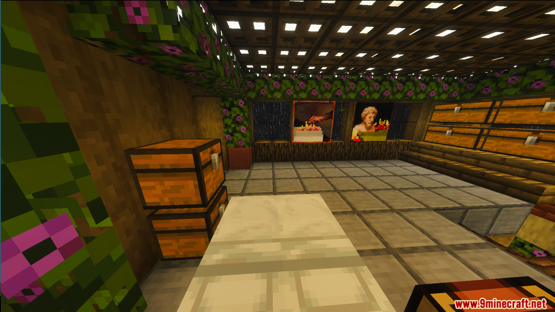 Survival Ilustrado House 7 Map Screenshot 10 Cozy bedroom interior with flowering azalea walls and several storage chests