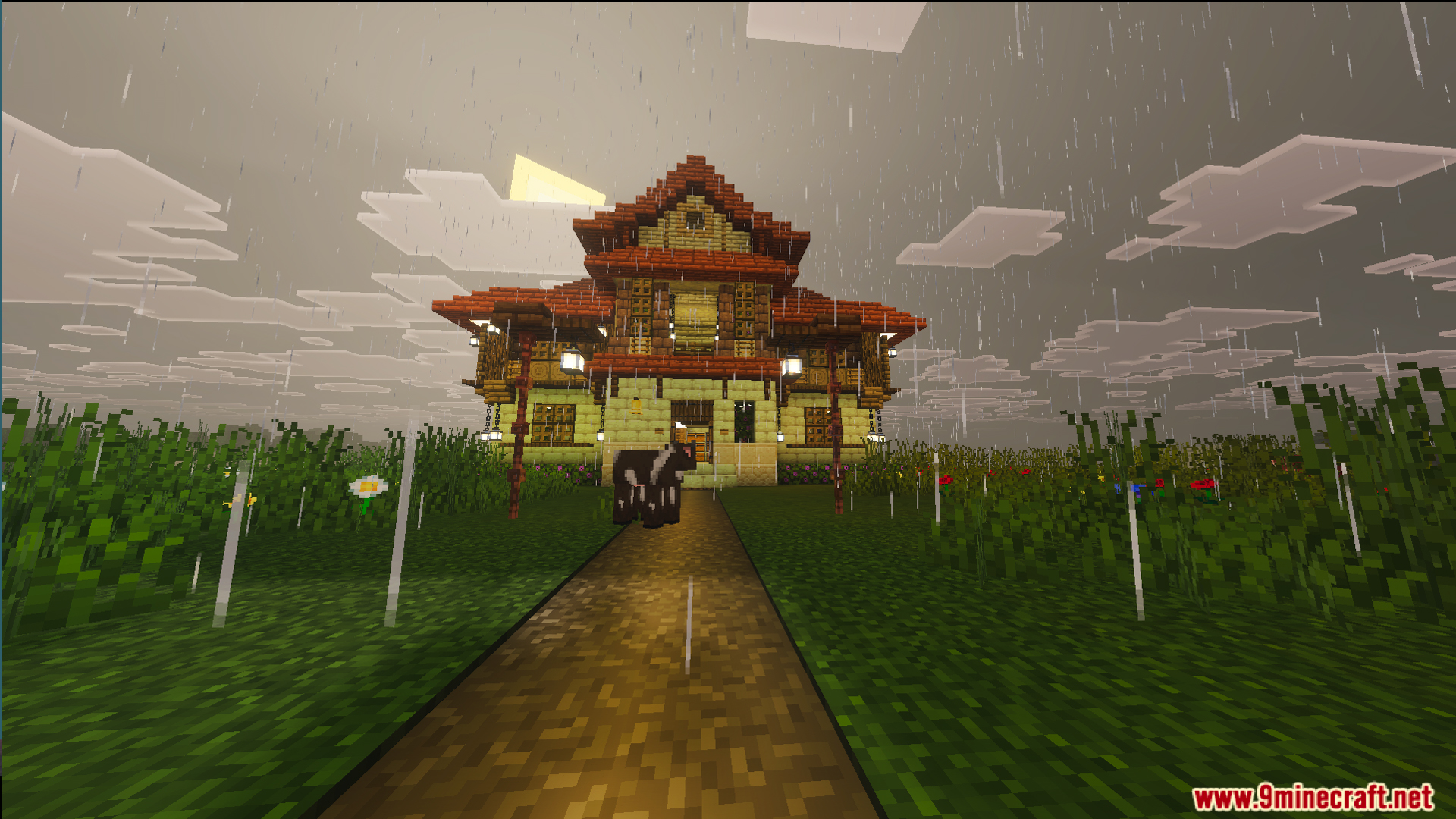Survival Ilustrado House 7 Map Screenshot 8 A large two story traditional house with a red roof during a rainstorm