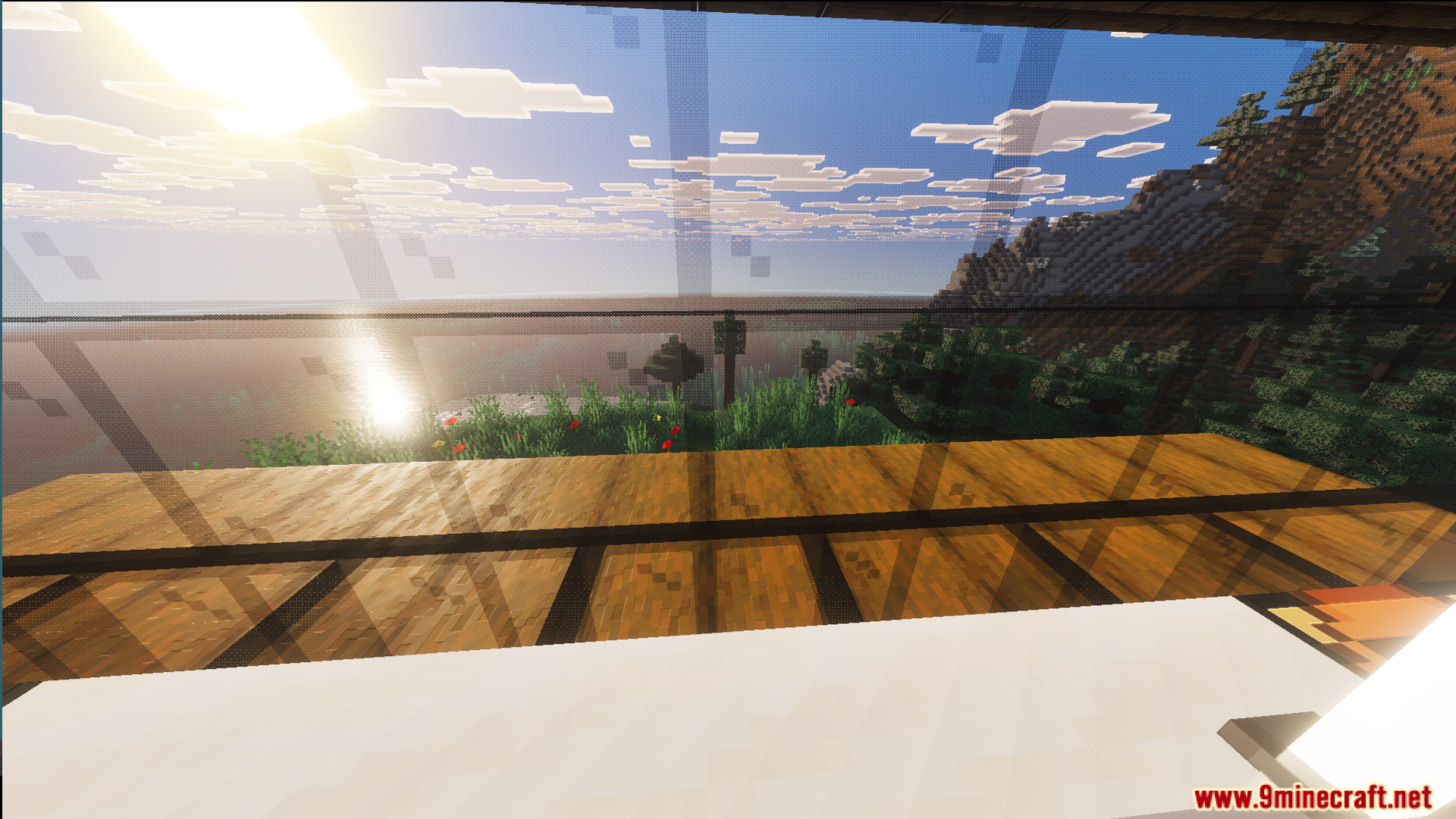 Survival Modern House 10 Map Screenshot 1 A scenic mountain view through a large glass window in a modern house