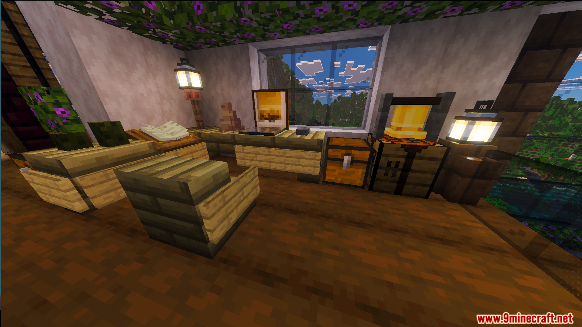 Survival Modern House 10 Map Screenshot 10 Cozy room interior featuring a wooden desk lanterns and a large glass window