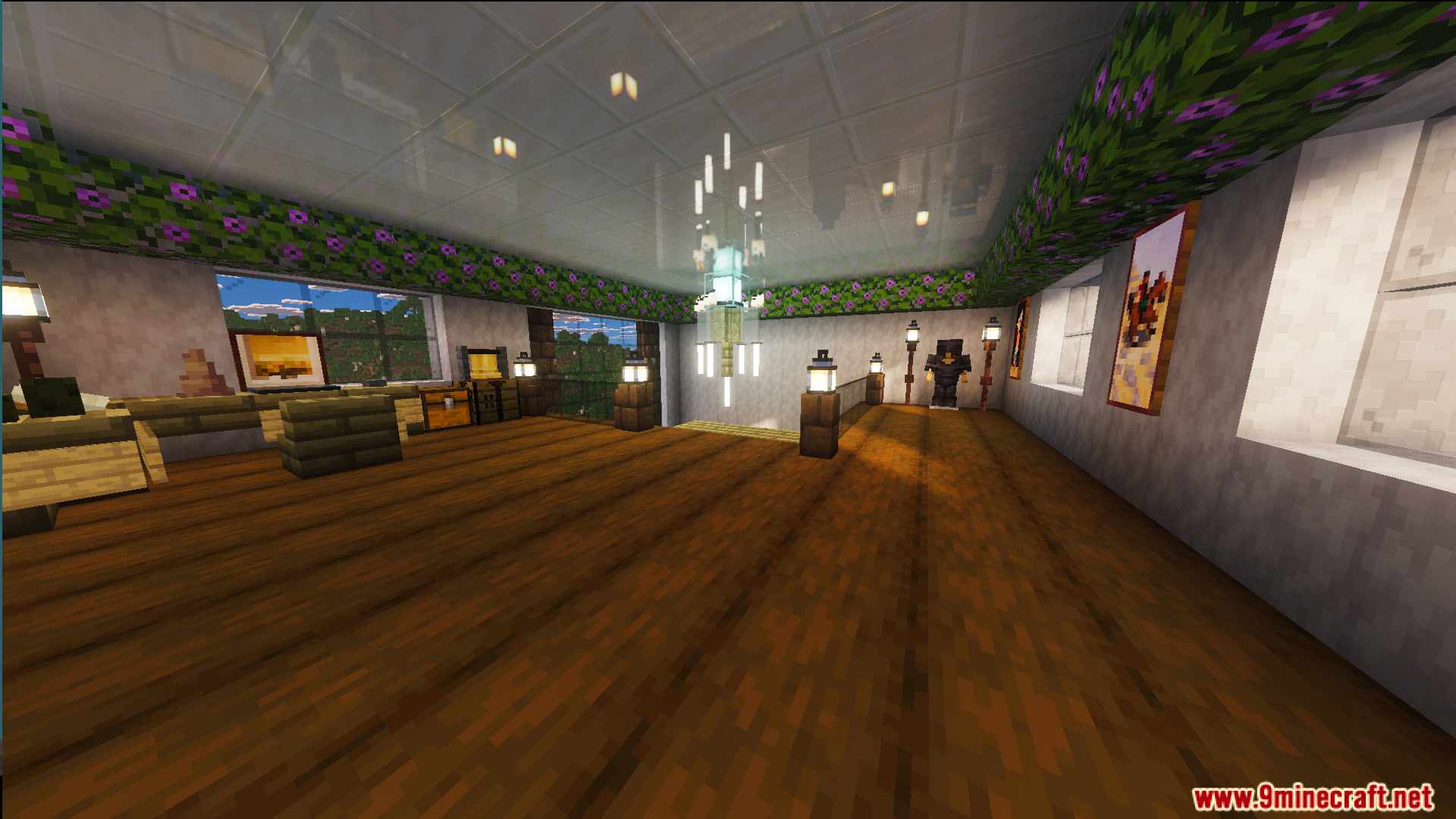 Survival Modern House 10 Map Screenshot 2 Survival Modern House Ten Map interior featuring wooden floors and a netherite armor display