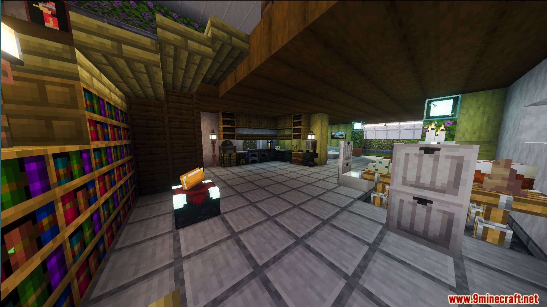 Survival Modern House 10 Map Screenshot 3 Survival Modern House 10 Map features a fully furnished interior with a library