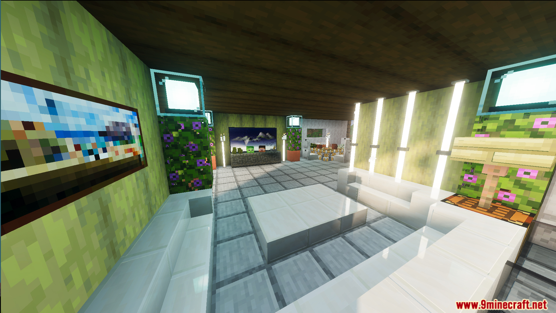Survival Modern House 10 Map Screenshot 4 Modern living room area with white furniture and decorative lighting inside the house