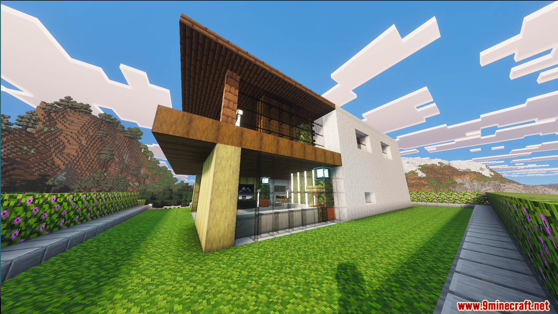 Survival Modern House 10 Map Screenshot 6 Modern house exterior with glass walls and a wooden balcony in Minecraft