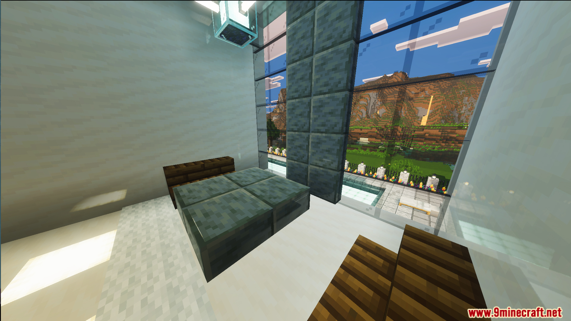 Survival Modern House 13 Map Screenshot 10 Modern bedroom with custom furniture and a large window overlooking the pool
